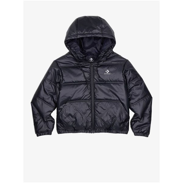 Converse Black Women's Quilted Winter Jacket with Hood Converse Embroidered Puffer J - Women