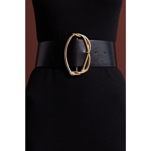 Cool & Sexy Cool & Sexy Women's Black-Gold Oval Buckle Belt BE443