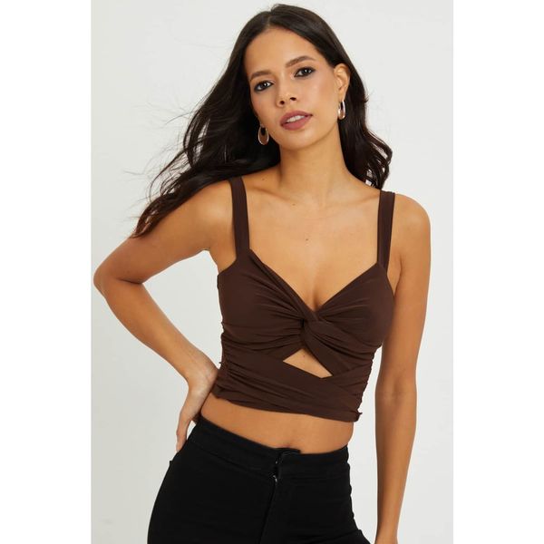 Cool & Sexy Cool & Sexy Women's Brown Front Pleated Crop Blouse B189