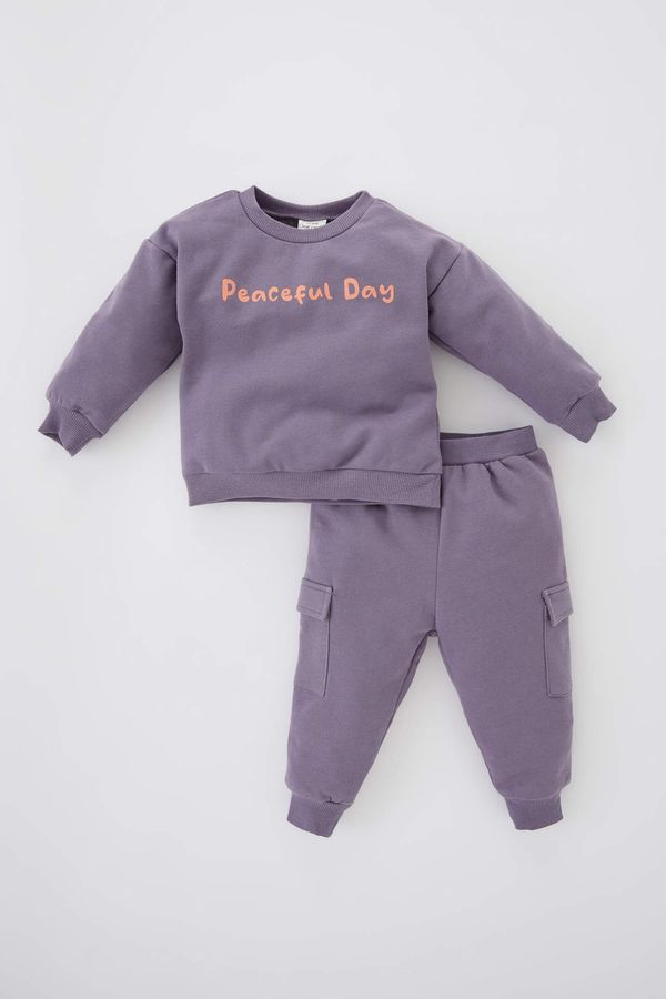 DEFACTO DEFACTO Baby Boy Regular Fit Slogan Printed Soft Fluffy Sweatshirt Tracksuit Bottom Set
