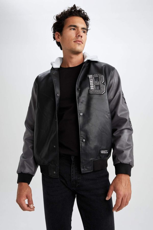 DEFACTO DEFACTO Oversize Fit Hooded Bomber Faux Leather Jacket