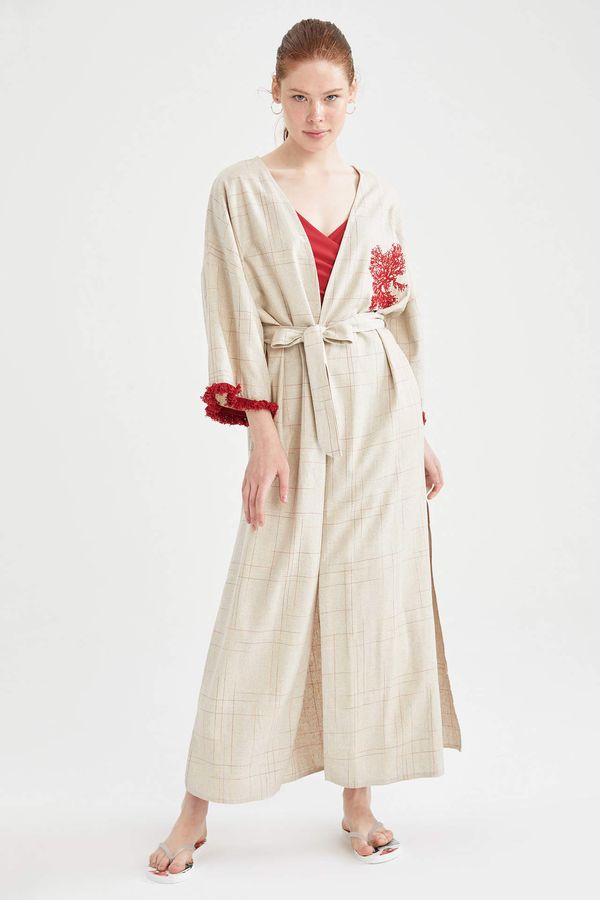 DEFACTO DEFACTO Patterned Belted Linen Kimono