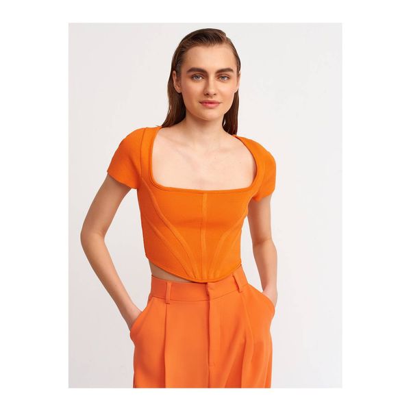 Dilvin Dilvin 10188 Square Collar Short Sleeve Pullover-orange