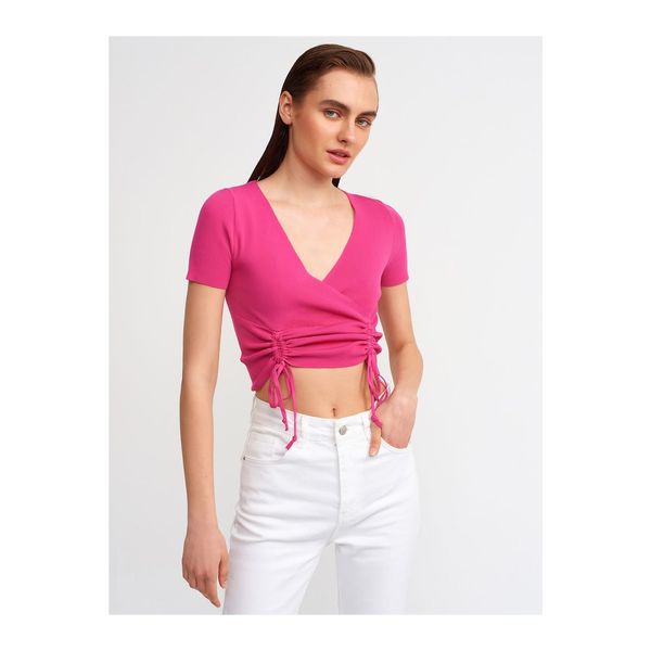 Dilvin Dilvin 10194 Double Breasted Collar Front Pleated Knitwear Crop-fuchsia