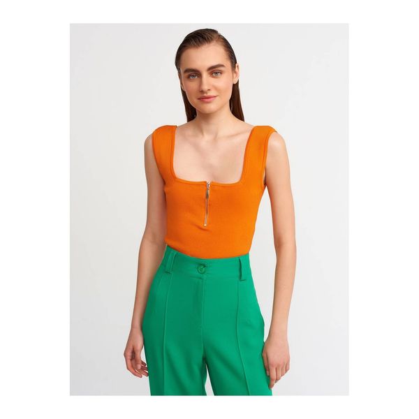 Dilvin Dilvin 10197 Square Collar Zippered Knitwear Singlet-orange