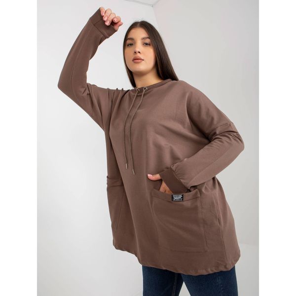 Fashionhunters Basic brown plus size cotton sweatshirt with drawstrings