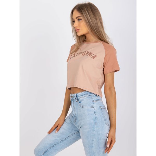 Fashionhunters Beige and camel cotton t-shirt with a print
