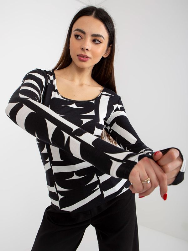 Fashionhunters Black and white T-shirt with round neckline and print