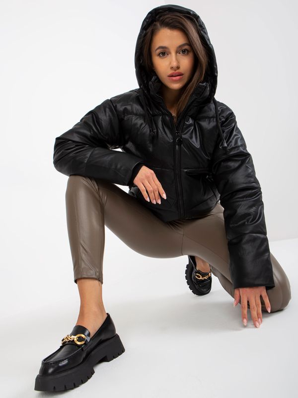 Fashionhunters Black down jacket made of eco-leather with hood