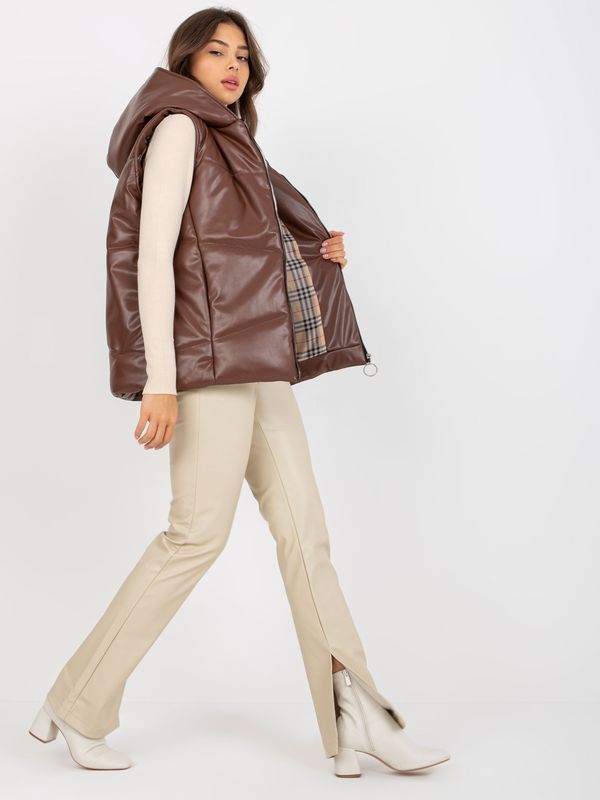 Fashionhunters Brown down vest made of eco-leather with hood