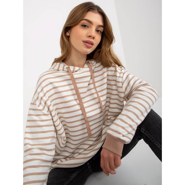 Fashionhunters Camel and white loose striped sweatshirt with a hood