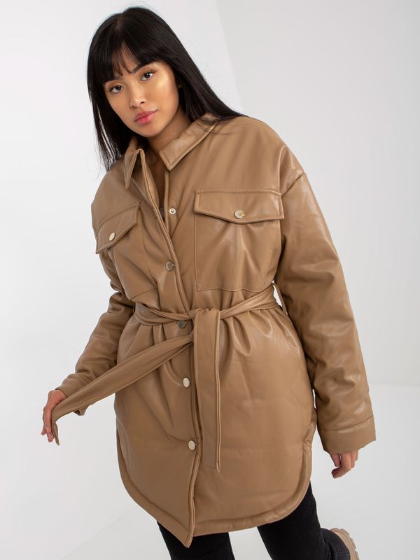 Fashionhunters Camel down jacket made of eco-leather with belt