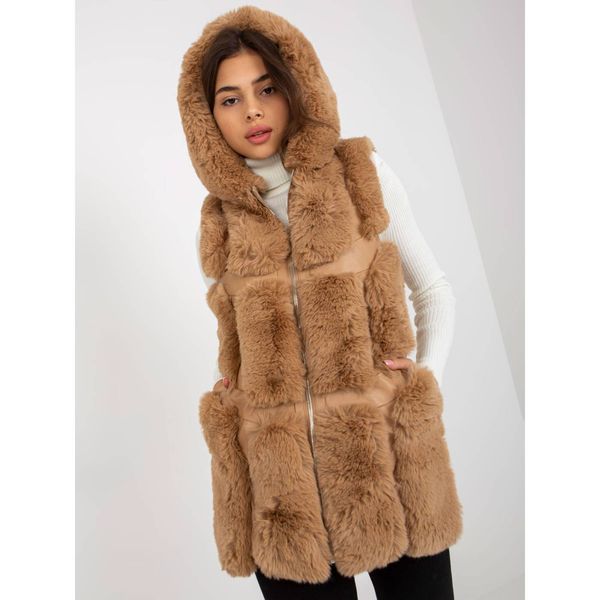 Fashionhunters Camel eco leather vest with fur and hood
