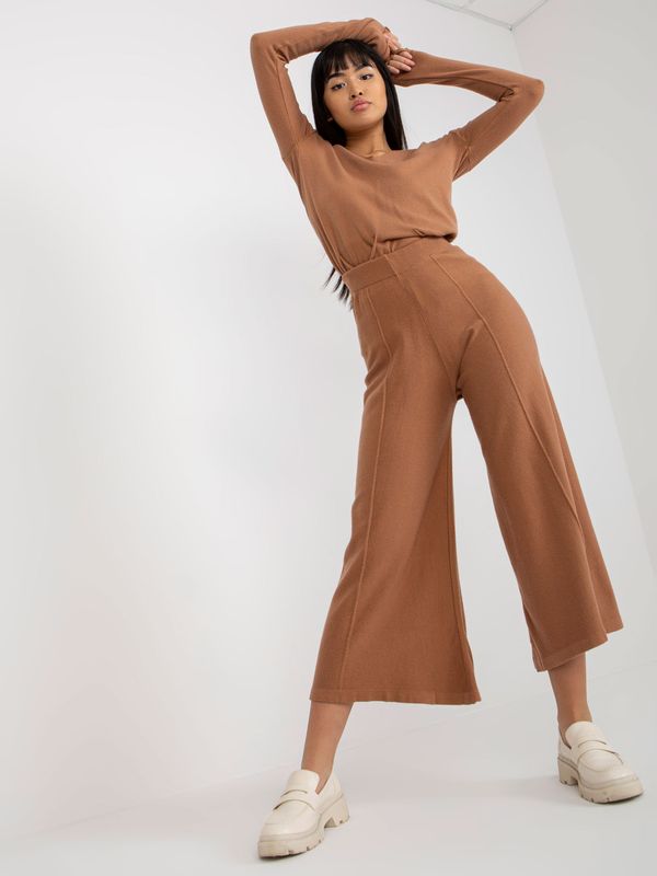 Fashionhunters Camel wide knitted trousers with viscose