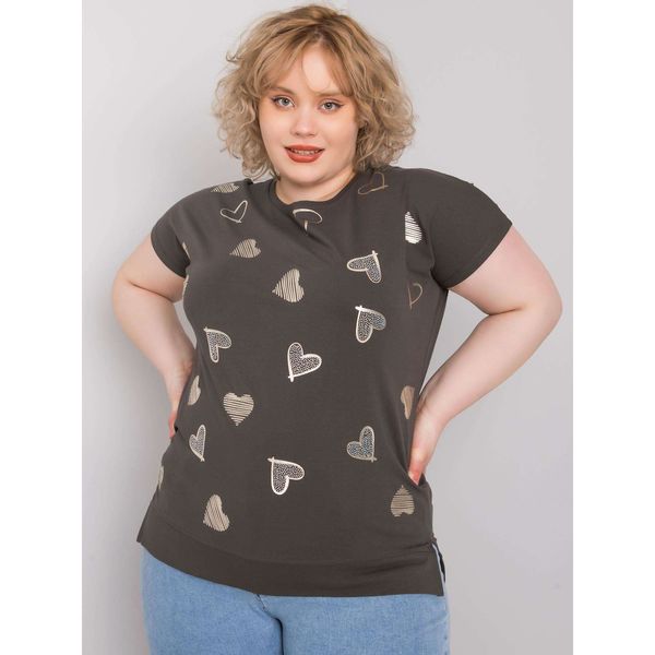 Fashionhunters Ciemna bawełniana bluzka khaki plus size z aplikacjami