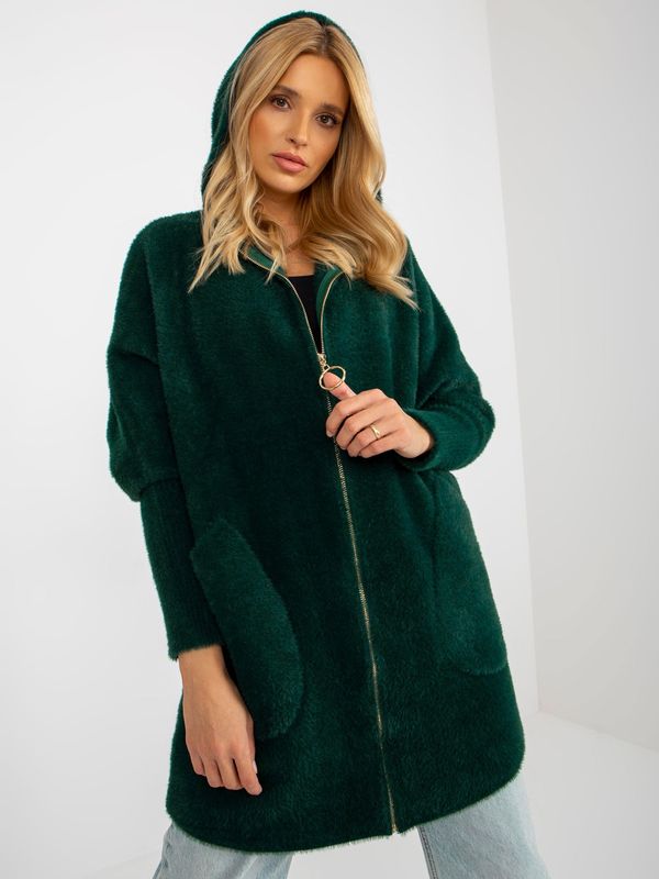 Fashionhunters Dark green alpaca coat with pockets and hood