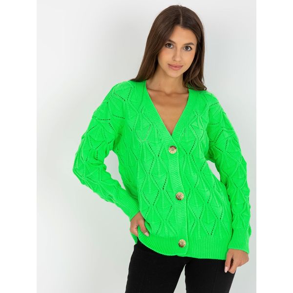 Fashionhunters Fluo green cardigan with an openwork RUE PARIS pattern