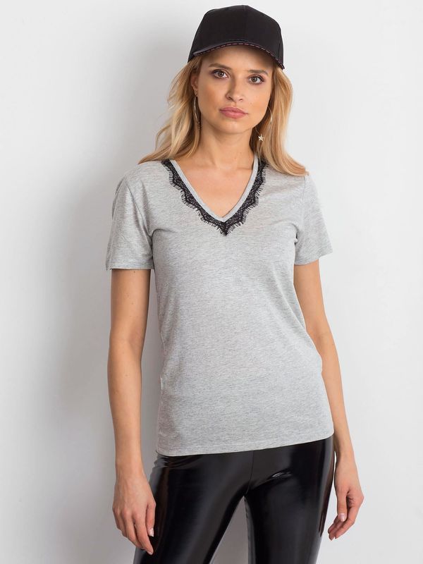 Fashionhunters Grey T-shirt with lace trim at neckline