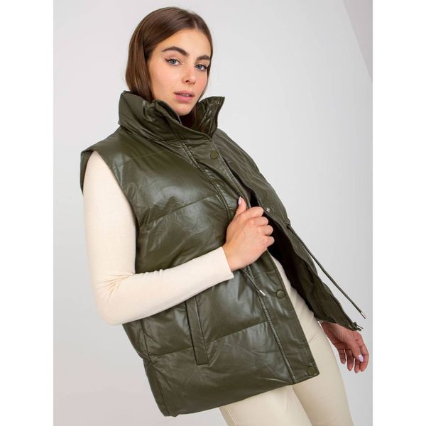 Fashionhunters Khaki down vest in eco leather with pockets