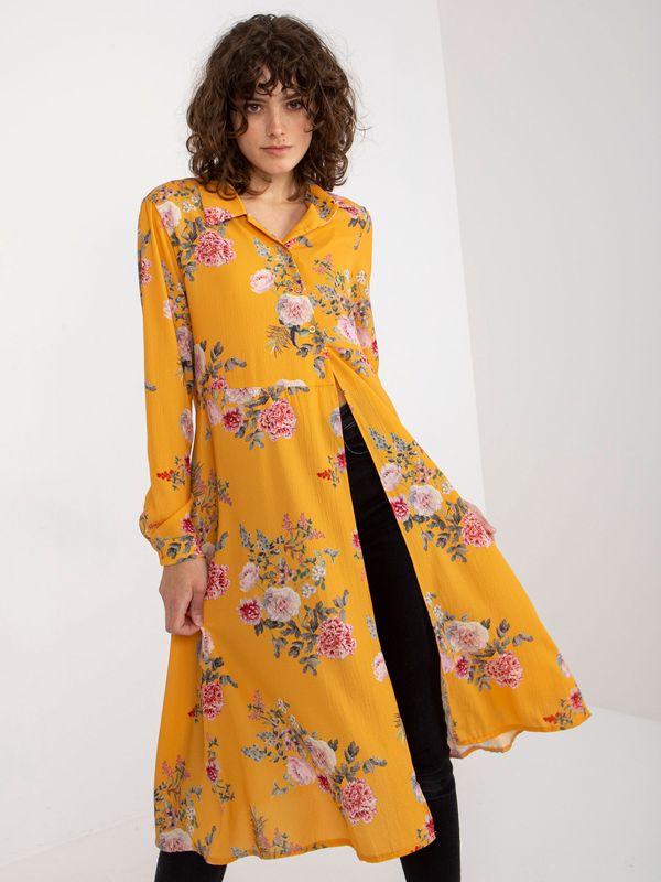 Fashionhunters Lady's Long Shirt with Floral Pattern - Yellow