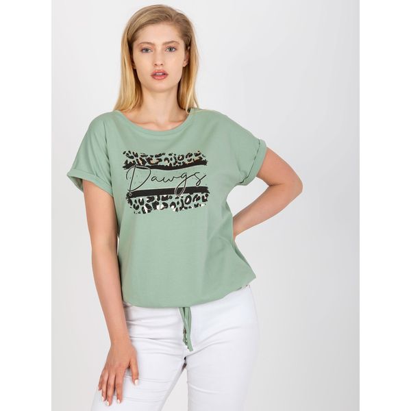 Fashionhunters Plus size pistachio cotton t-shirt with rhinestones appliqué