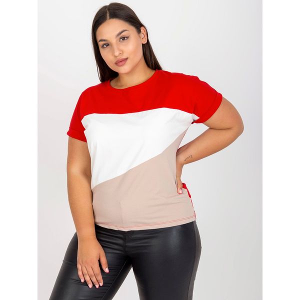 Fashionhunters Plus size red and beige t-shirt with round neckline