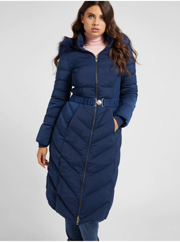 Guess Dark Blue Women's Quilted Coat with Drawaway Hood Guess Cate - Women