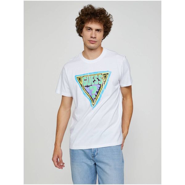 Guess White Men's T-Shirt with Guess Brushed Triangle Print - Men's
