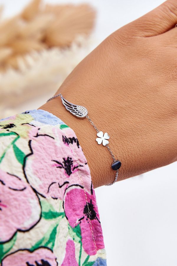 Kesi Stainless Steel Bracelet Wing And Clover Silver