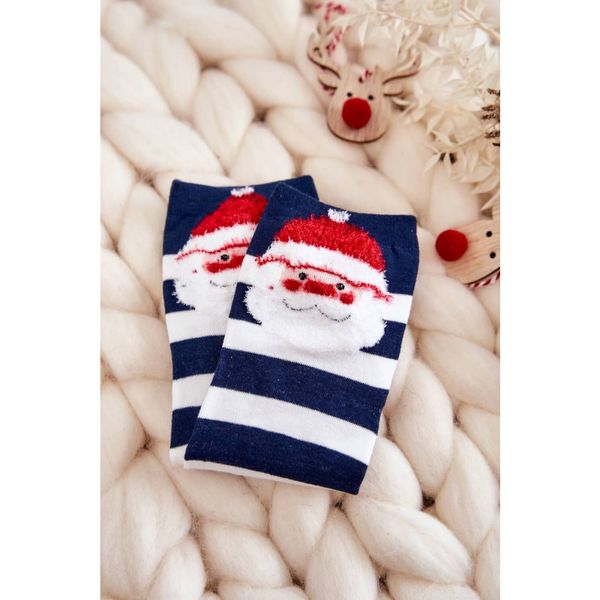 Kesi Women's Funny Christmas Socks In stripes with Santa Claus Navy blue and white