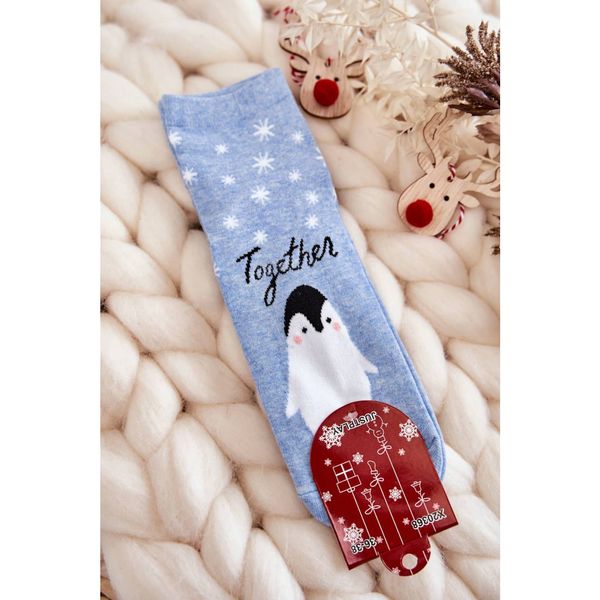 Kesi Women's Socks Christmas Patterns With Penguin Blue