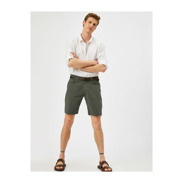 Koton Koton Men's Green Belted Shorts Gabardine Fabric Cotton 5 Pockets
