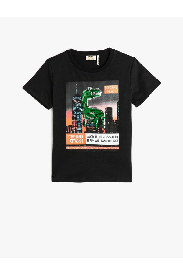 Koton Koton Short Sleeve T-Shirt Crew Neck Dinosaur Printed Cotton