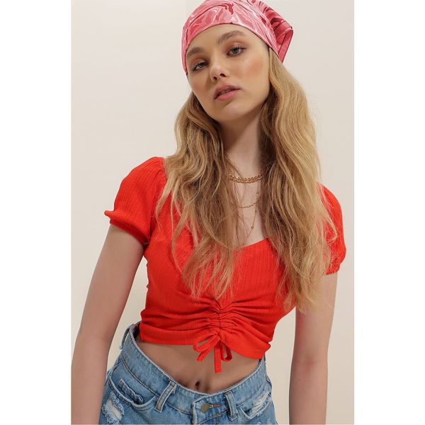 Trend Alaçatı Stili Trend Alaçatı Stili Women's Coral V Neck Pleated Short Sleeve Crop Blouse