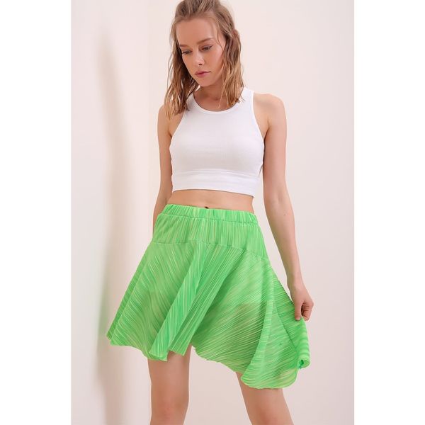 Trend Alaçatı Stili Trend Alaçatı Stili Women's Green Elastic Waist Pleated Mini Short Skirt