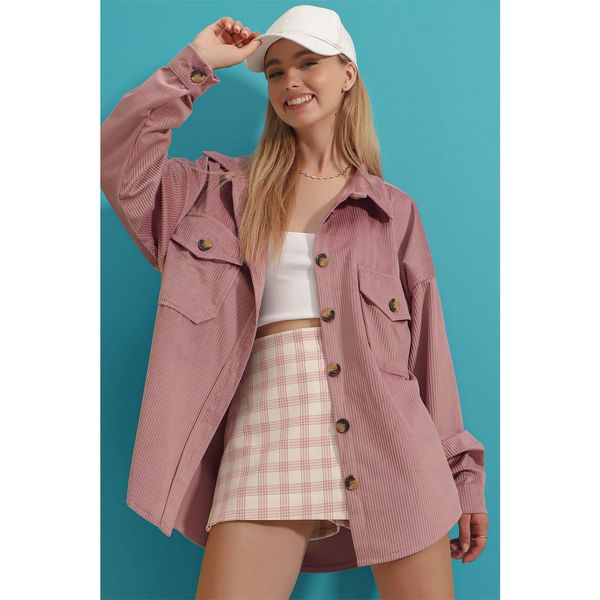 Trend Alaçatı Stili Trend Alaçatı Stili Women's Powder Pink Velvet Cotton Double Pocket Oversize Jacket Shirt
