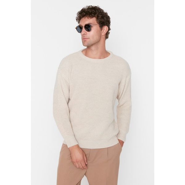 Trendyol Trendyol Beige Men's Oversize Fit Wide Fit Crew Neck Basic Knitwear Sweater