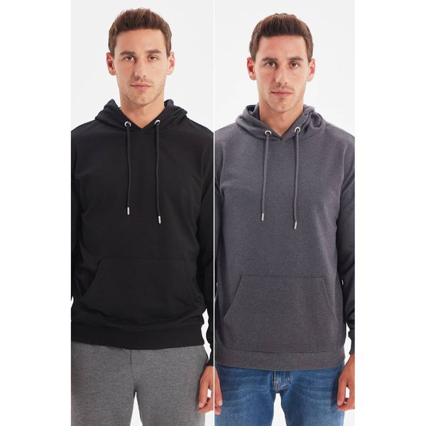 Trendyol Trendyol Black-Anthracite Men's 2 Pack Regular Fit Basic Hooded Sweatshirt