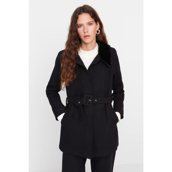Trendyol Trendyol Black Belted Collar and Sleeve Plush Detailed Cachet Coat
