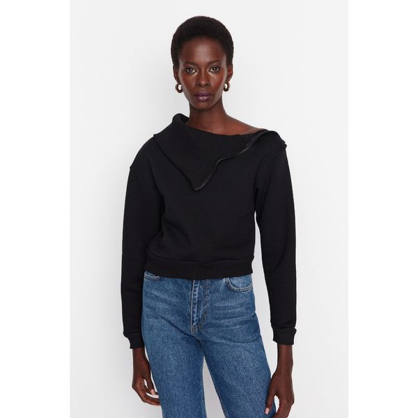 Trendyol Trendyol Black Collar Rib and Zipper Detail Thick Fleece Knitted Sweatshirt