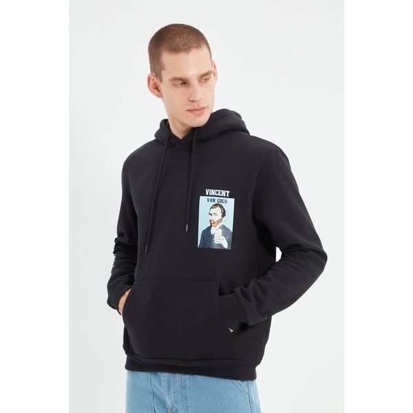 Trendyol Trendyol Black Licensed Mens Vincent van Gogh Printed Regular Fit Hoodie Sweatshirt