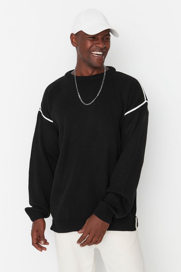 Trendyol Trendyol Black Men's Oversize Crew Neck Bias Detailed Knitwear Sweater