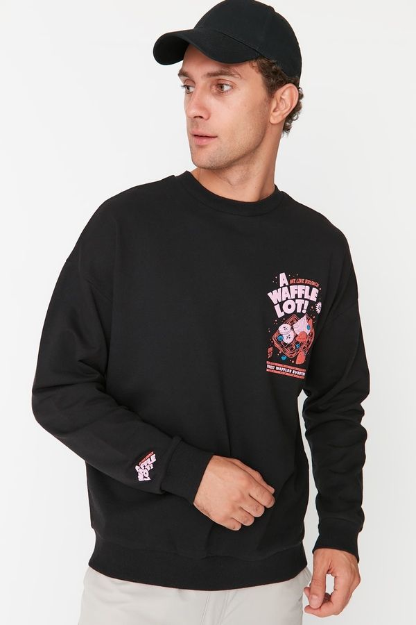 Trendyol Trendyol Black Men's Oversize Fit Crew Neck Printed Sweatshirt