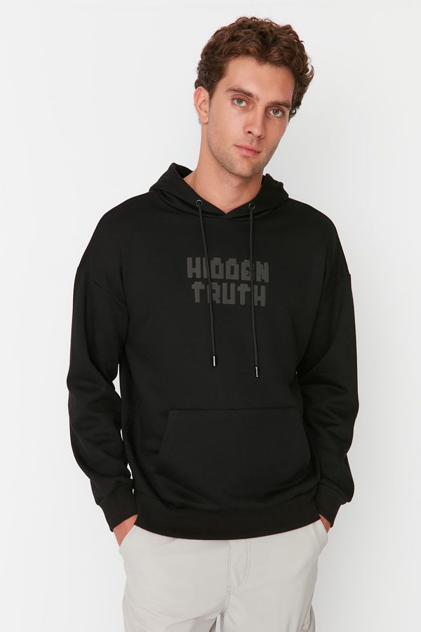 Trendyol Trendyol Black Men's Oversize Fit Hooded Long Sleeve Printed Thick Sweatshirt
