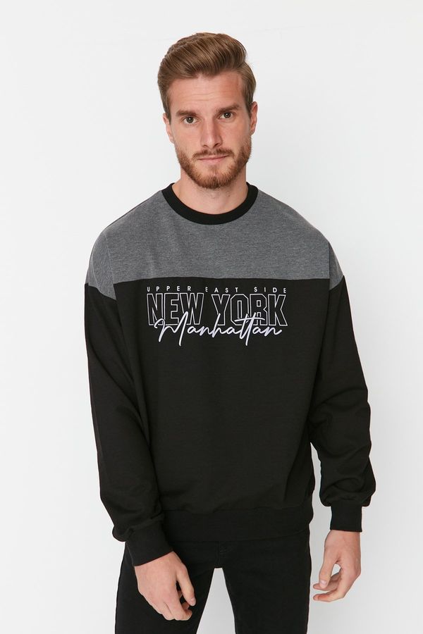 Trendyol Trendyol Black Men's Oversize Fit Long Sleeve Crew Neck Paneled Printed Sweatshirt