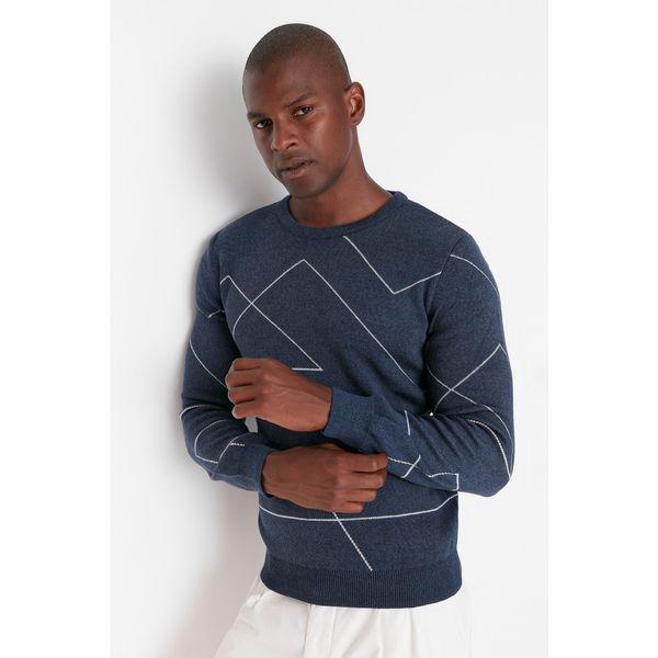 Trendyol Trendyol Blue Men's Slim Fit Crew Neck Line Patterned Knitwear Sweater