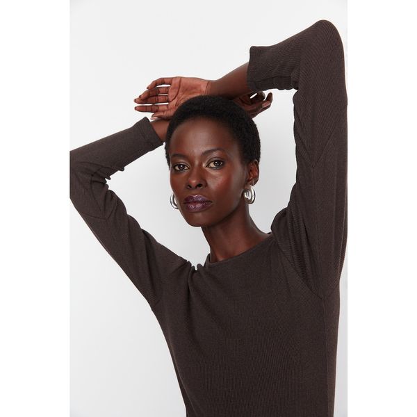 Trendyol Trendyol Brown Sleeves Shirred Detailed Ribbed Snap Snap Knitted Body