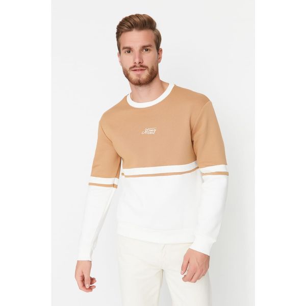 Trendyol Trendyol Camel Men Regular Fit Long Sleeve Crew Neck Printed Paneled Sweatshirt