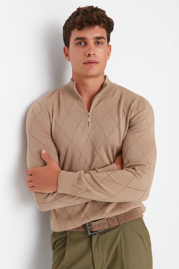 Trendyol Trendyol Camel Men Slim Fit Half Turtleneck Zipper Collar Smart Knitwear Sweater