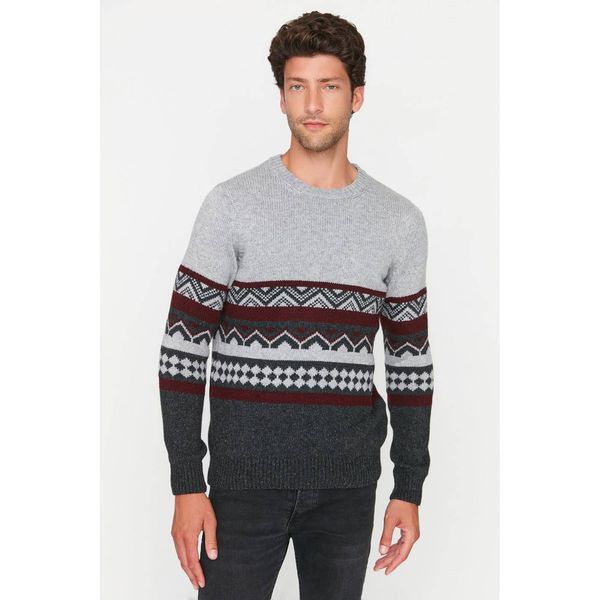 Trendyol Trendyol Gray Men's Slim Fit Crew Neck Jacquard Knitwear Sweater